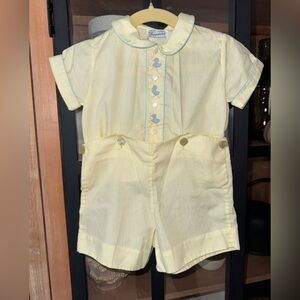 Vintage shortall bobby suit embroidered ducks baby boy peter pan collar heirloom